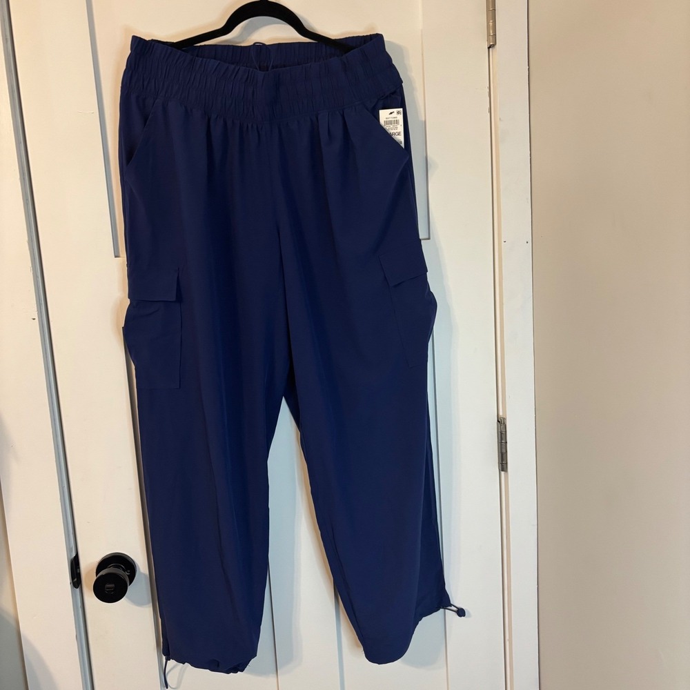 Ideology Womens Cargo Pants NWT Tartan Blue Smocked Waist Bungee Hem XL Scrubs